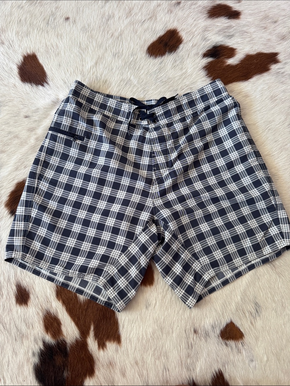 Patagonia Navy and White Plaid Hybrid Shorts
